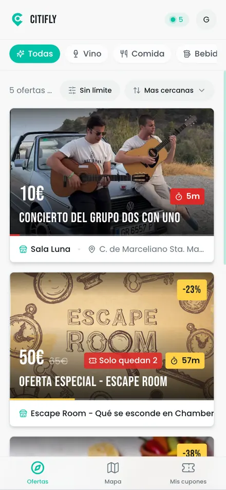 Pantalla de Citifly con la lista de ofertas cercanas