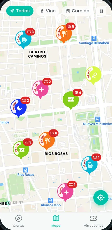 Mapa de Citifly con las ofertas de los comercios cercanos