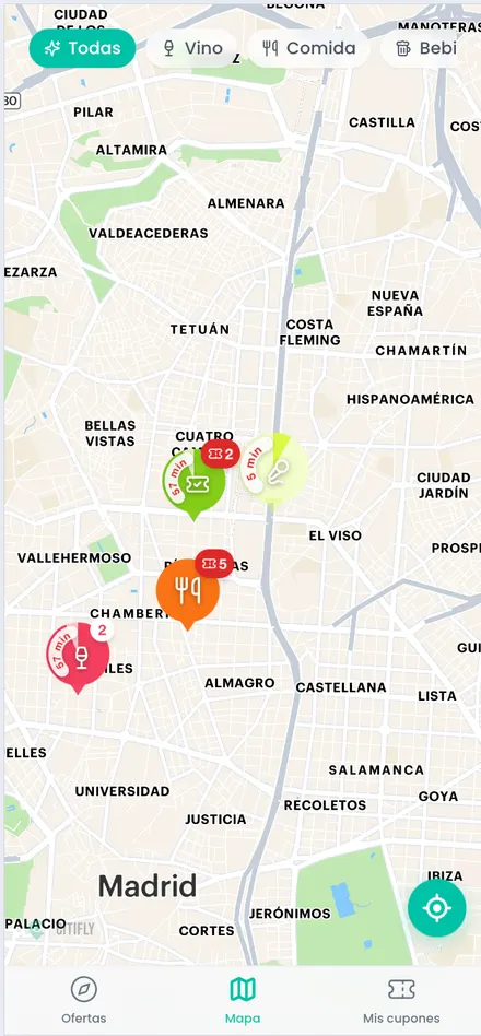 Mapa de Citifly con las ofertas de los comercios cercanos